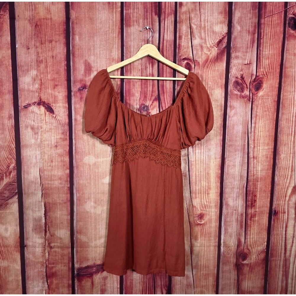 Trixxi Burnt Orange Brown Puff Sleeve Babydoll Dress L